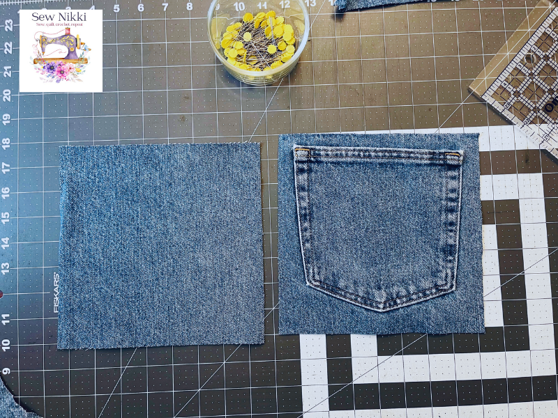 two denim squares laying on sewing matt