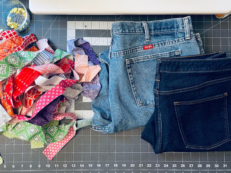 blue jeans and strips of fabric for making recycled denim potholders