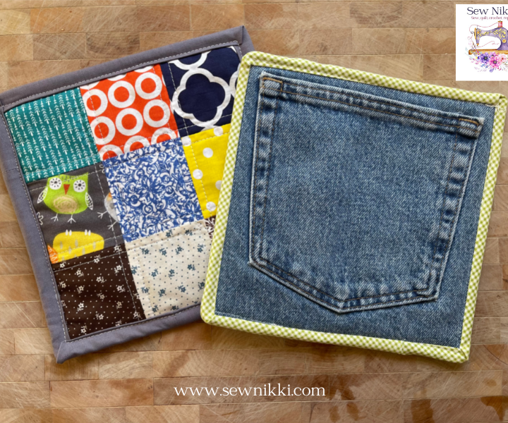 recycled denim potholders on cutting board