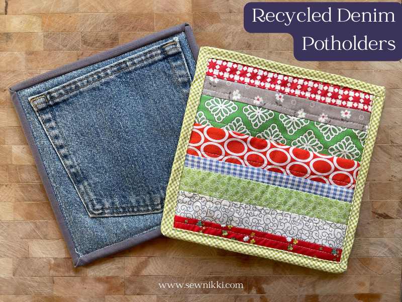 Quilted recycled denim potholders with pockets on cutting board