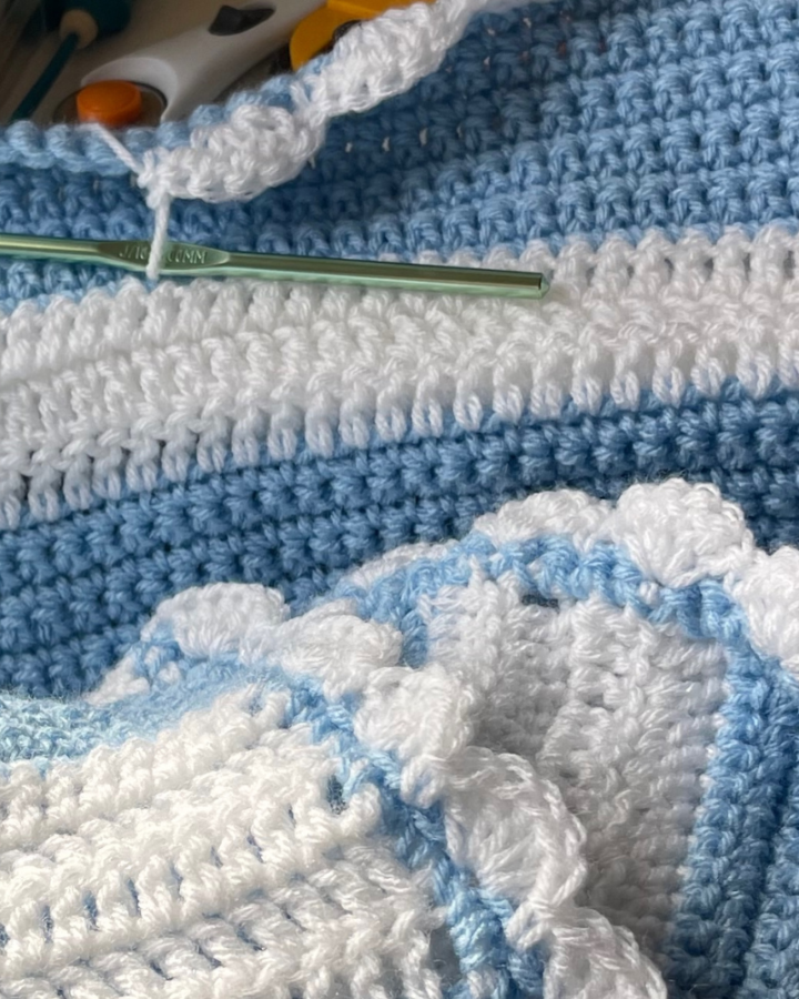 shell stitch boarder in progress on baby blanket crochet pattern