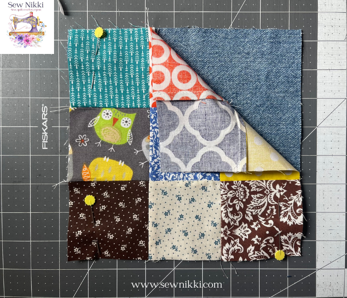 Pinned 9 patch quilt block onto a piece of recycled denim to make potholders