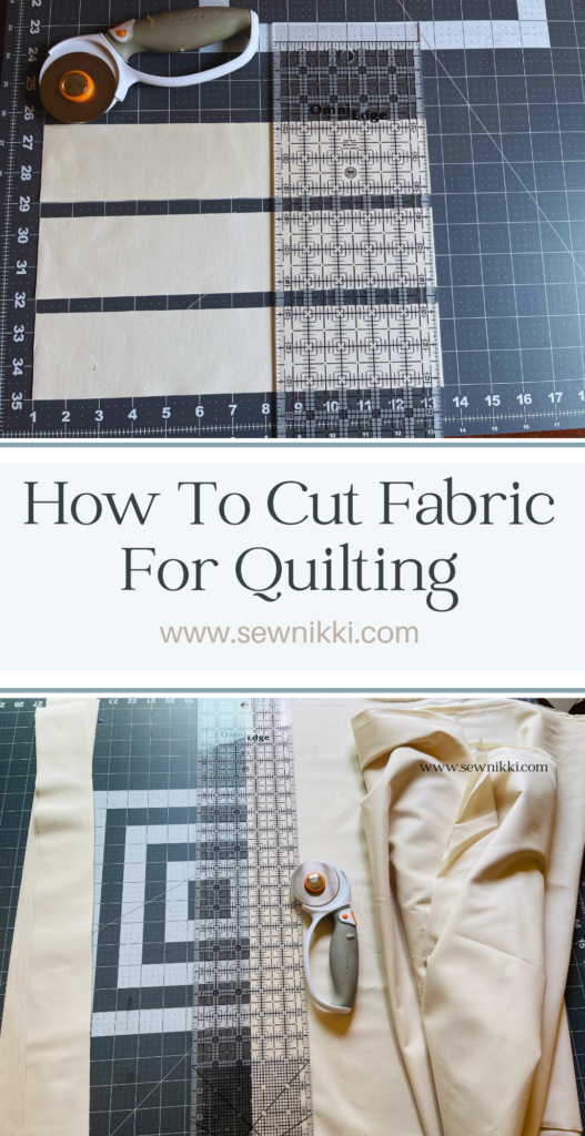 how to cut fabric for quilting supplies on cutting mat with fabric, quilt ruler and rotary cutter