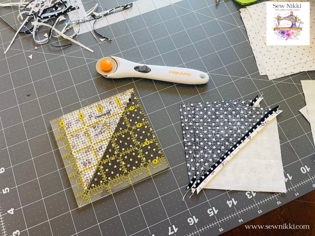 How to cut fabric for quilting - cutting half square triangles with quilting square ruler 