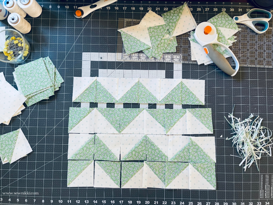 piecing patchwork into chevron quilt pattern for placemat