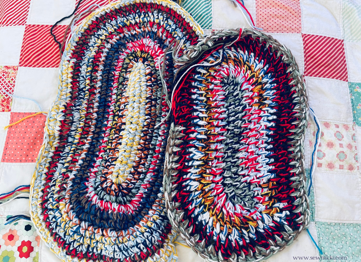 Crochet oval rug patterns in progress that keep curling and you don't want that