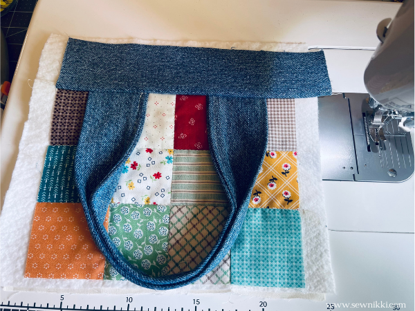 adding last denim strip to patchwork units that will be the sides of the handbag