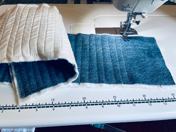 quilting the bottom and side denim strip on sewing machine