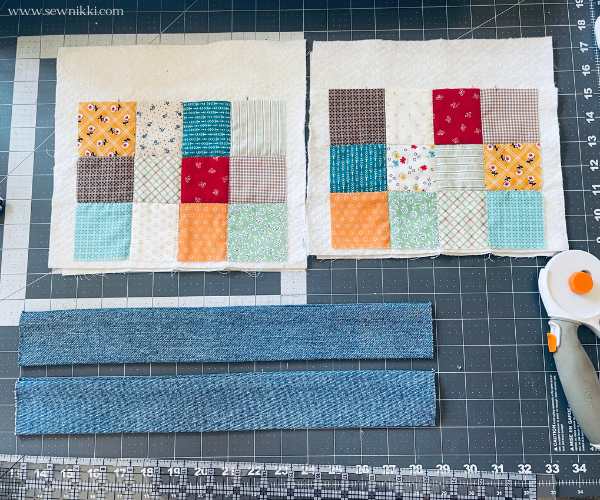 quilted patchwork sides of bag with denim strip to be added later