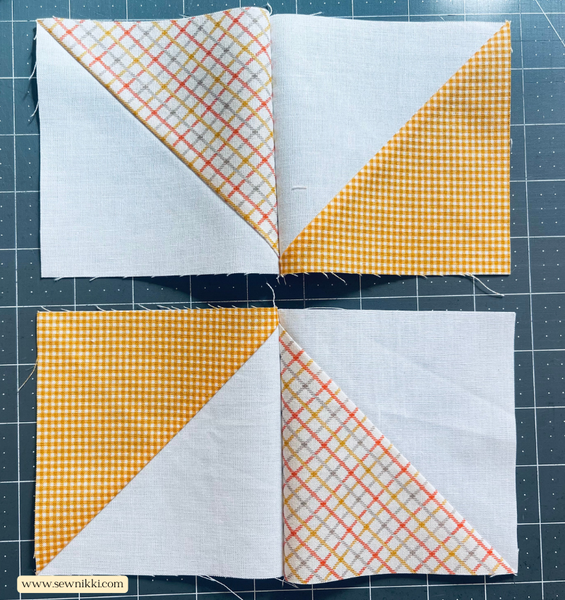 Pinwheel quilt block - Sew the rows together to form a pinwheel block by Sew Nikki.