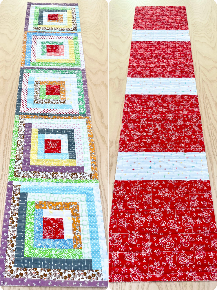 Log Cabin Quilt Pattern (Table Runner) - finished front and back with red center square and backing by Sew Nikki