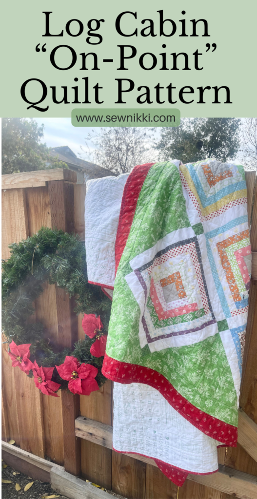 Free Log Cabin Quilt Pattern On-Point by Sew Nikki - completed folded full size quilt hanging over fence with wreath. (Pinterest)