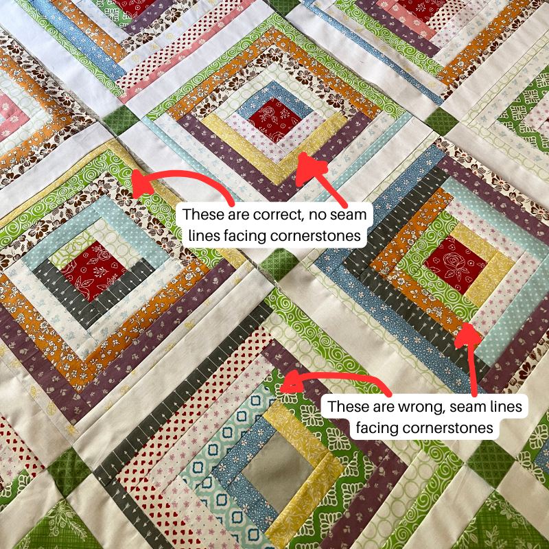 Log Cabin On-Point Quilt Pattern by Sew Nikki - Right and wrong way to turn log cabin blocks in an on-point quilt.