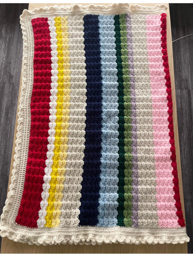 Classic Crochet Shell Afghan free pattern by Sew Nikki - finished folded blanket on table.