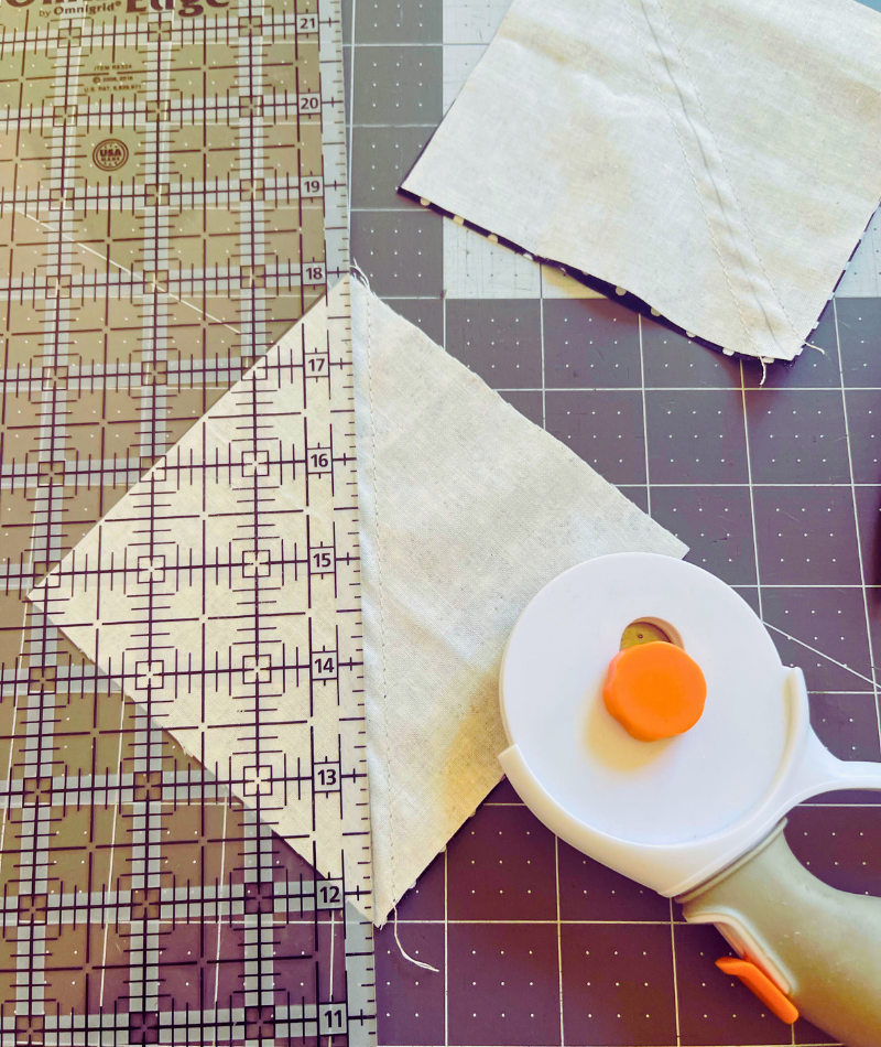 Making half square triangles (HST) for star block by Sew Nikki.