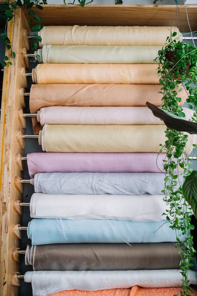 Vertical shot of vibrant fabric rolls in a tailor shop with greenery.