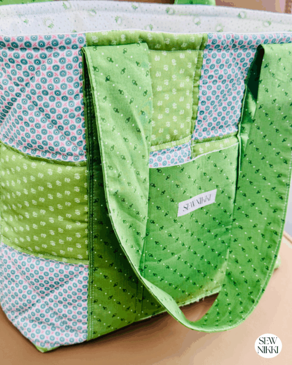 Large Patchwork Tote Bag Sew Pattern by Sew Nikki - Up close view of finished bag.