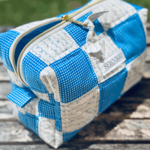 Blue White Patchwork Quilted Makeup Bag
