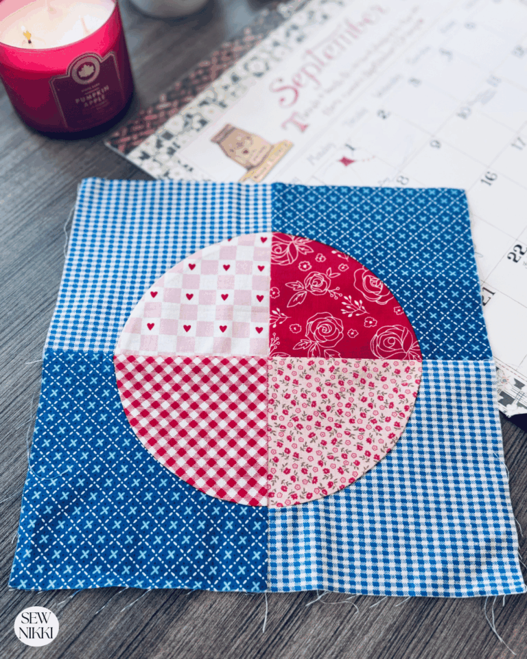 Free Circle Quilt Pattern Made With Acrylic Templates by Sew Nikki - One finished quilt block.