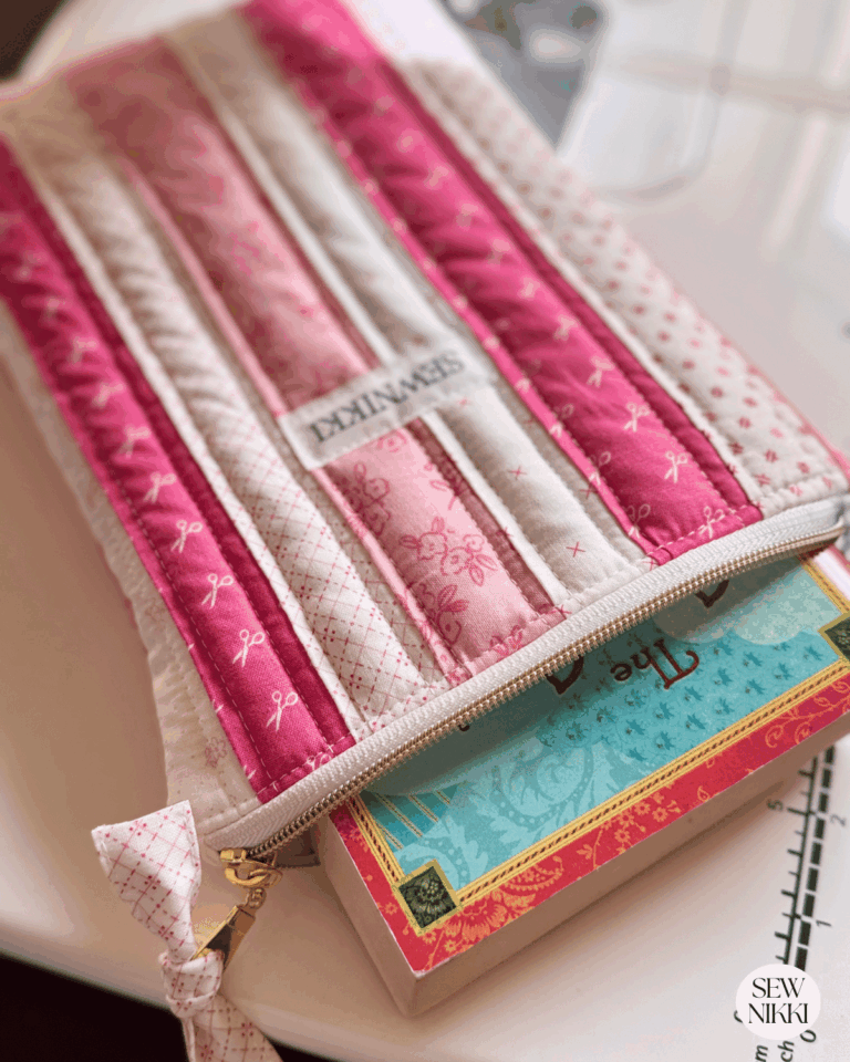 Finished quilted zippered book sleeve free sewing pattern by Sew Nikki