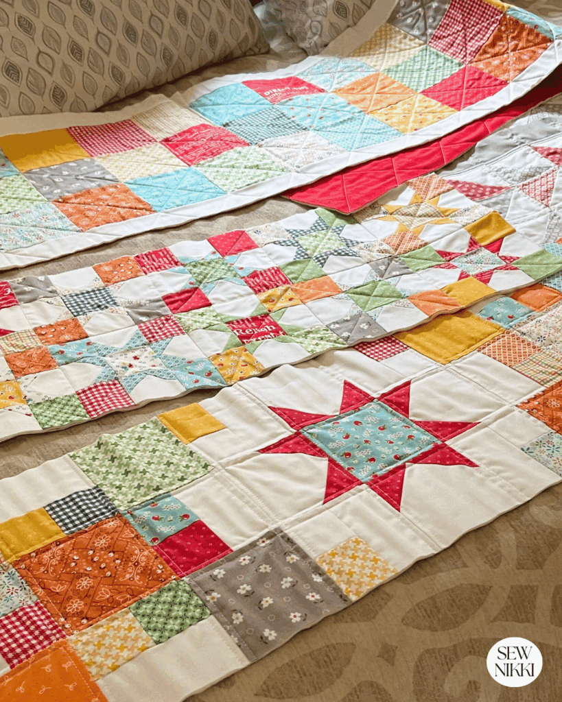 Made small blocks from the Brightly pattern to make table runners by Sew Nikki
