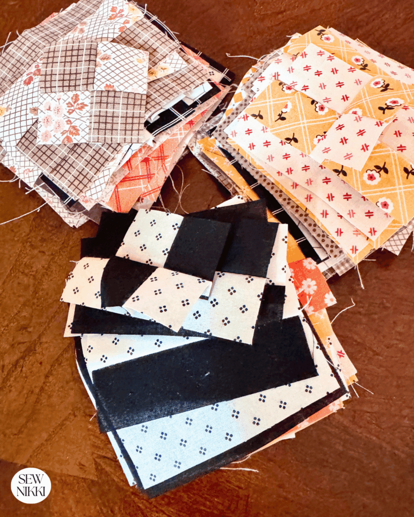 Cut your disappearing blocks then stack them in piles to make sewing faster by Sew Nikki