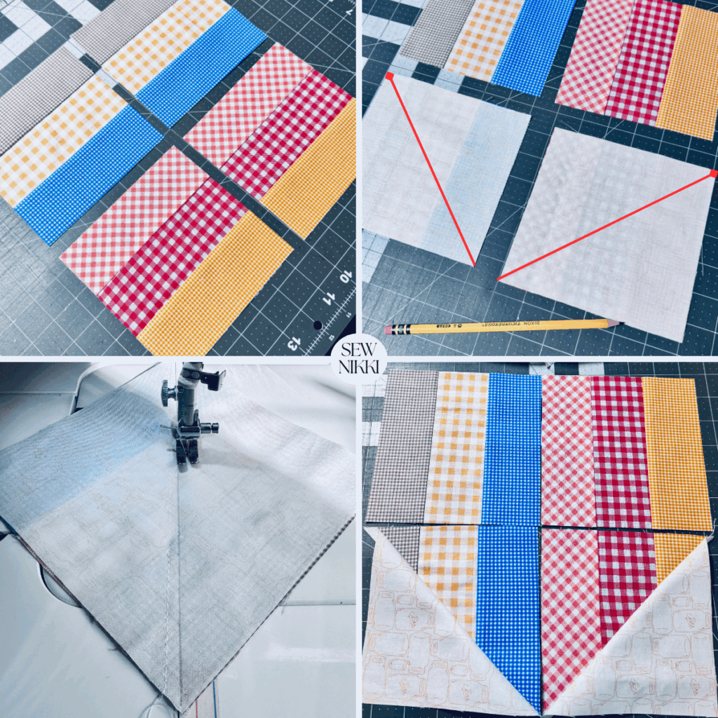 Making half square triangles for the bottom section of the heart quilt block sewing pattern by Sew Nikki