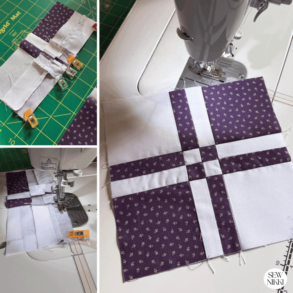 Pin and sew the disappearing four patch quilt block by Sew Nikki