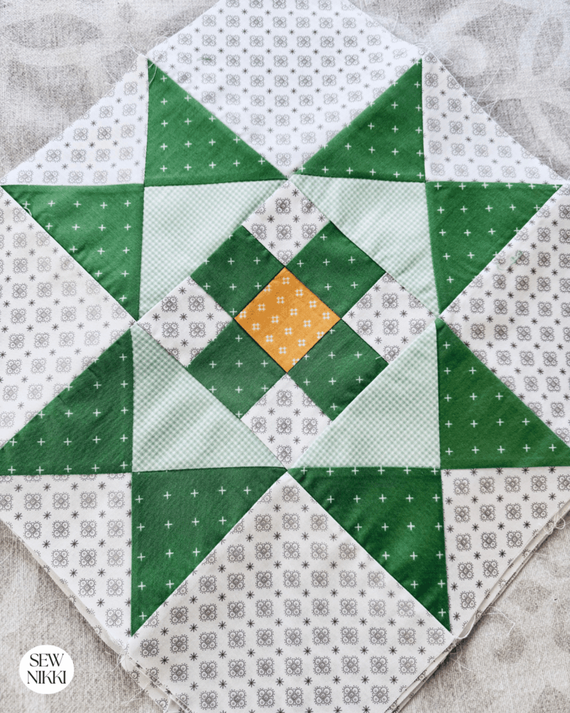 Finished Ohio Star quilt block on point for the free quilt pattern by Sew Nikki