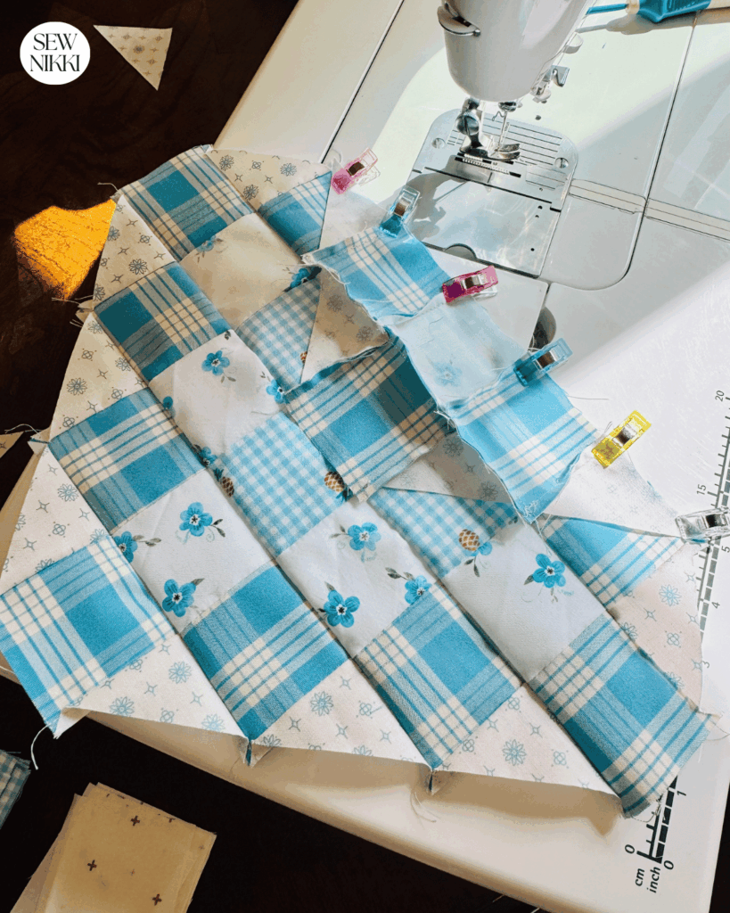 Free quilt block pattern by Sew Nikki - sewing the rows together to form the block.