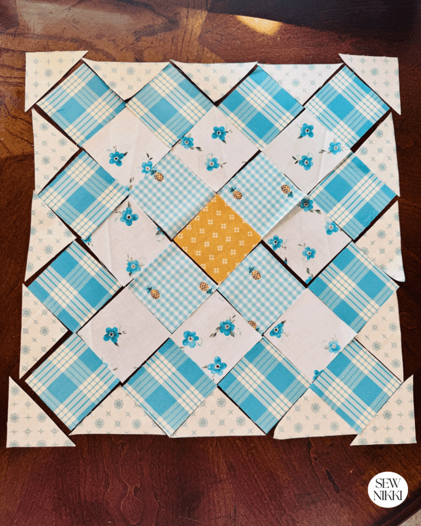 Here is the square layout for the free granny square quilt block by Sew Nikki to sew the block up diagonally.