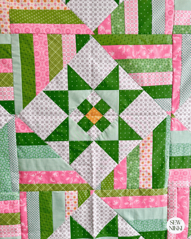 Ohio star quilt pattern modern layout by Sew Nikki - up close view of the large on point block with setting triangles.
