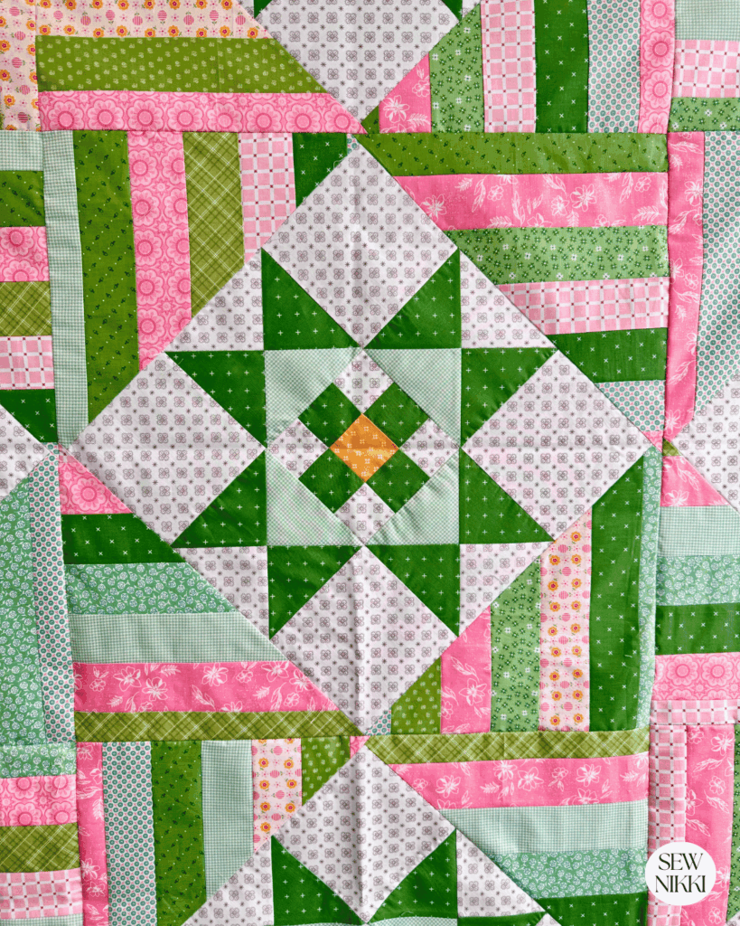 Ohio star quilt pattern modern layout by Sew Nikki - up close view of the large on point block with setting triangles.