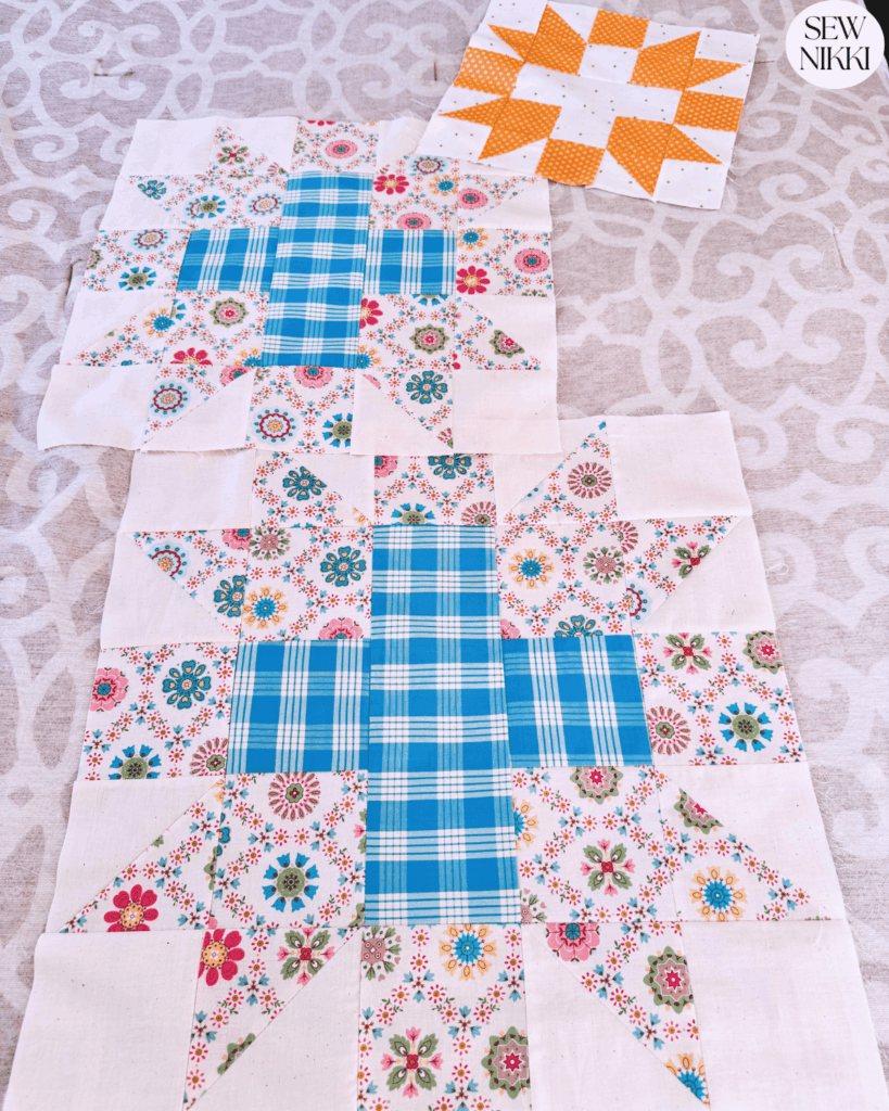 Here's a picture of all three quilt blocks I made by sizing up and making a sample block by Sew Nikki