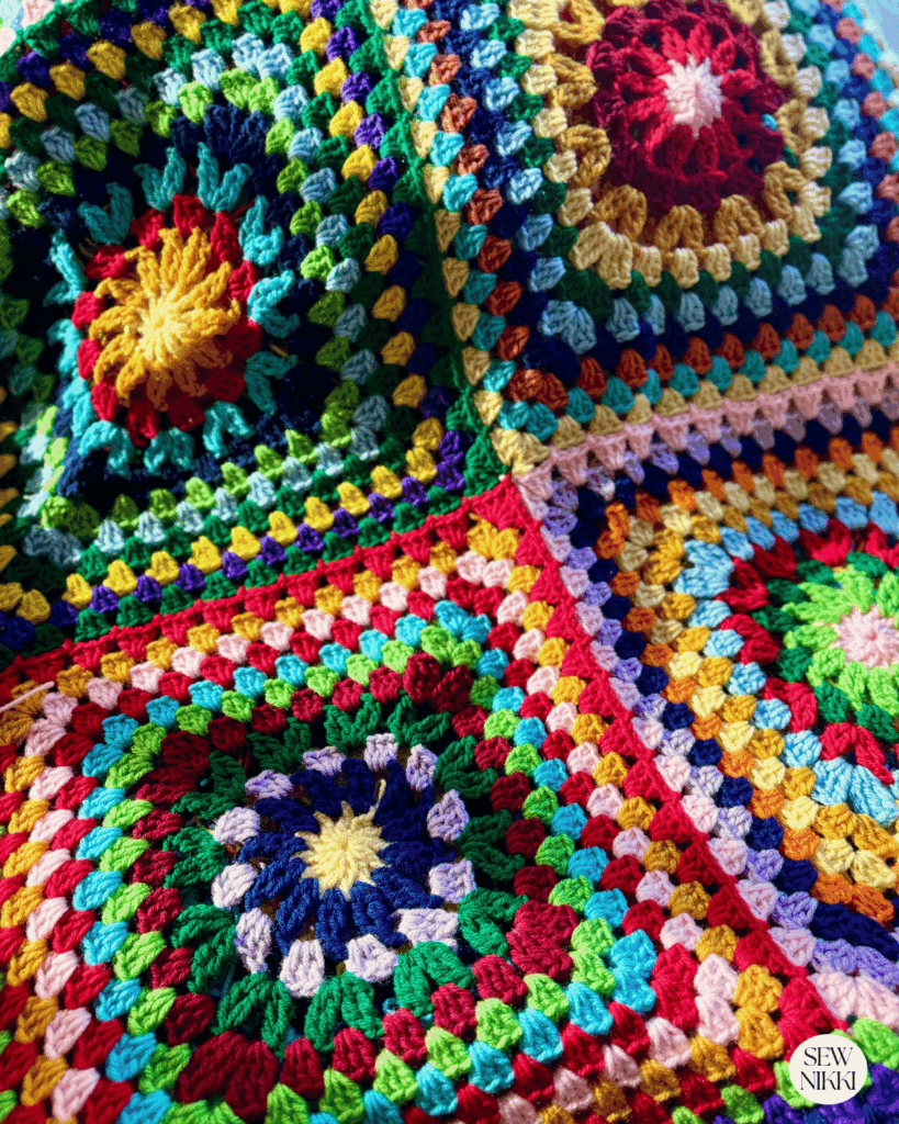 These granny square blocks can be done fast in solid color blocks by Sew Nikki