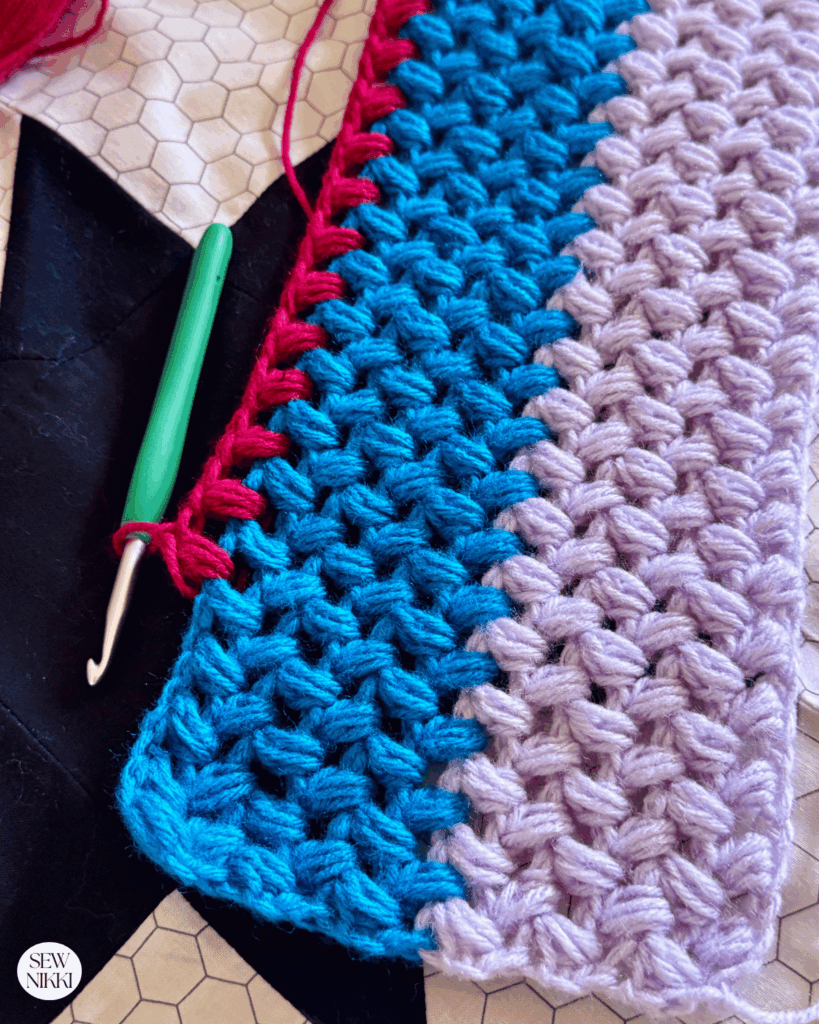 Crochet six bean stitch rows for each yarn color for each pillow panel by Sew Nikki