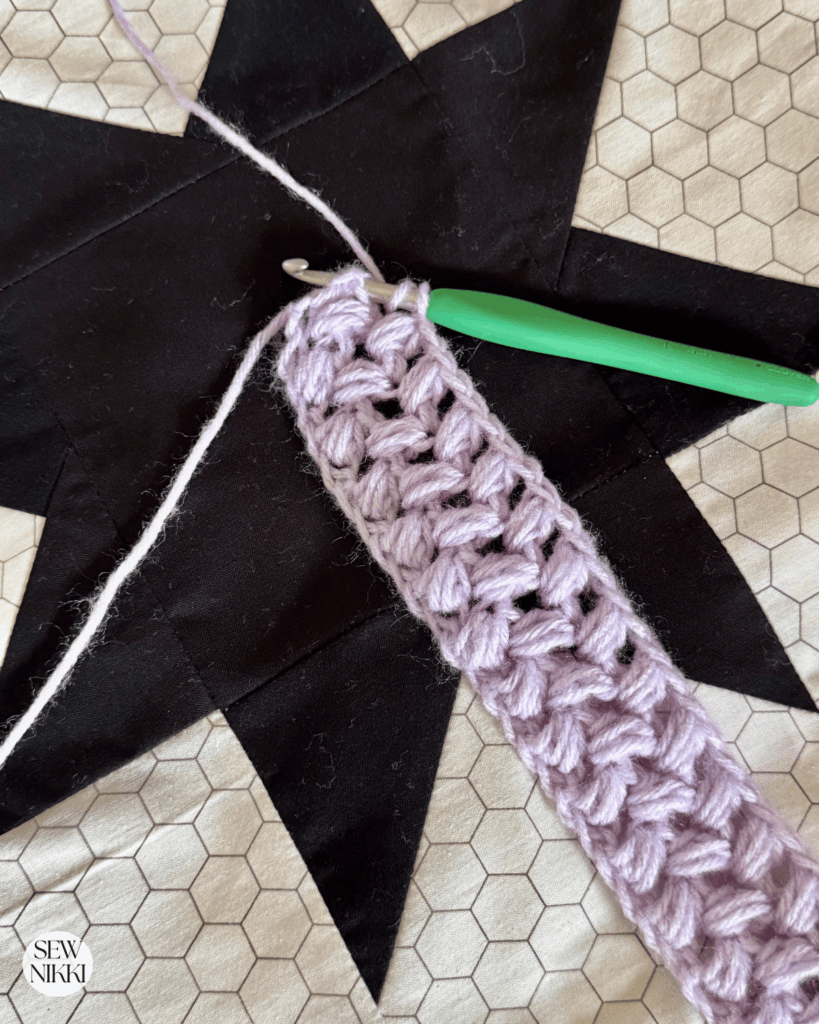 The last stitch for each row of the bean stitch is the side of the bean stitch from the previous row by Sew Nikki