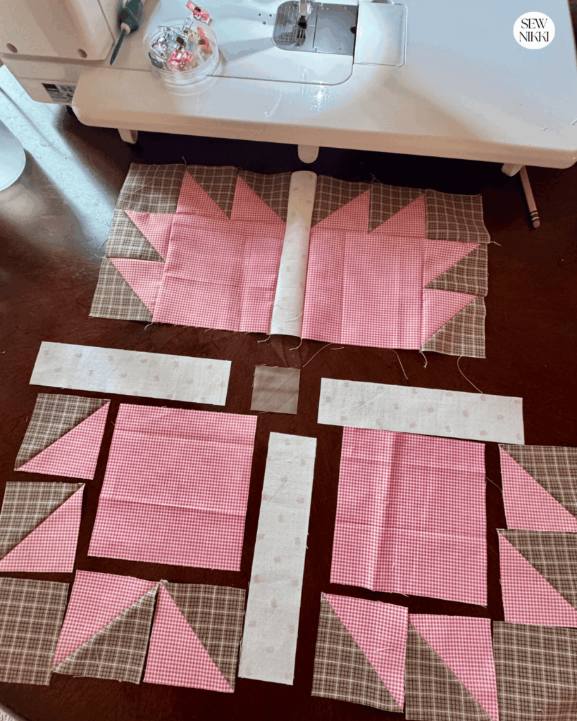 Here's the block layout as I'm sewing the Bear Paw quilt block up by Sew Nikki