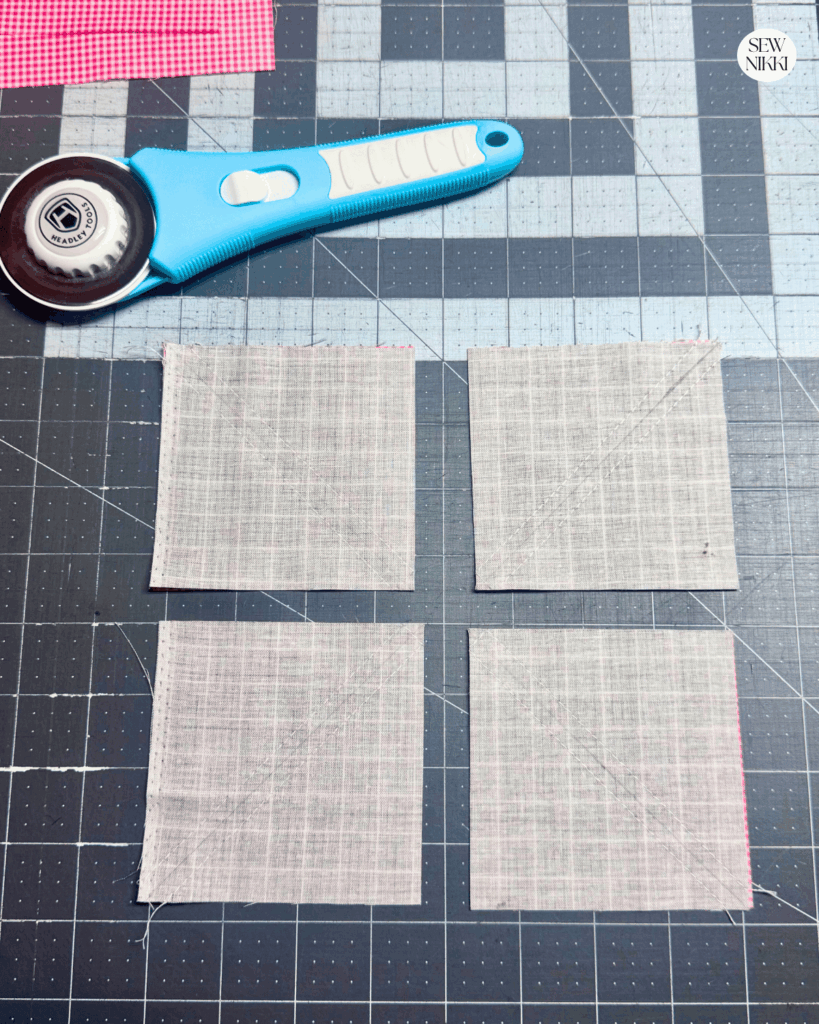 Magic 8 HSTs by Sew Nikki - then cut each unit diagonally on the marked line.
