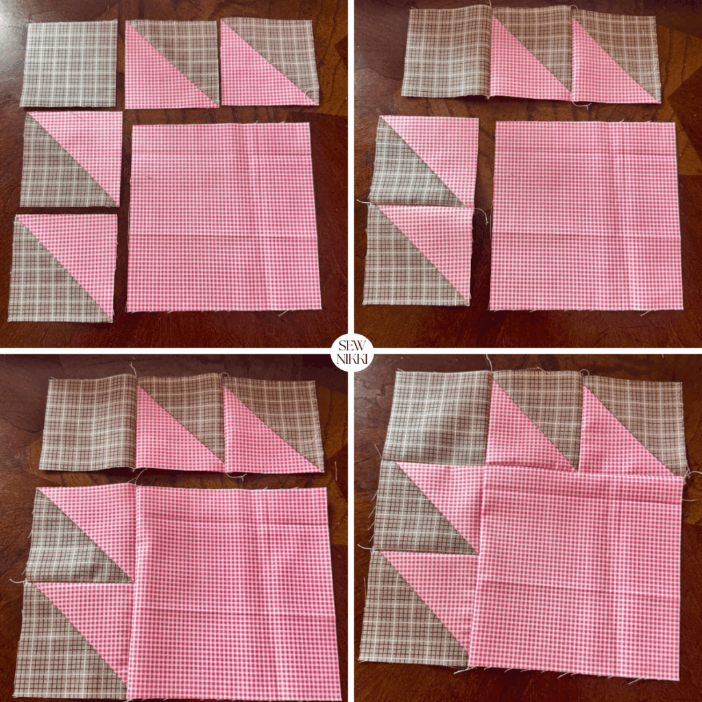 Steps in sewing one bear paw unit for the quilt block by Sew Nikki