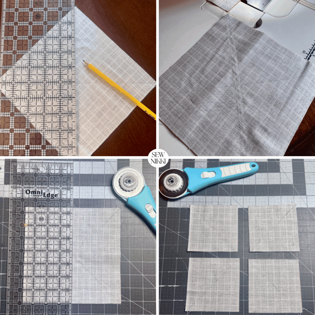 Steps to make 8 at a time half square triangles by Sew Nikki