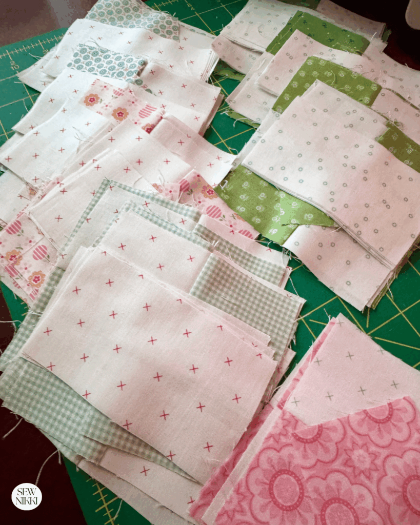 Once I've sewn all the four patch units together, I will stack the fabric pieces for each block together and sew up each block by Sew Nikki
